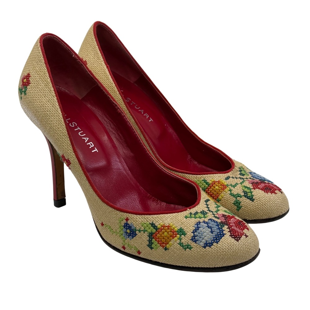 Jill‎ Stuart Floral Embroidered Raffia Pumps Heels Made in Italy Size 7.5
